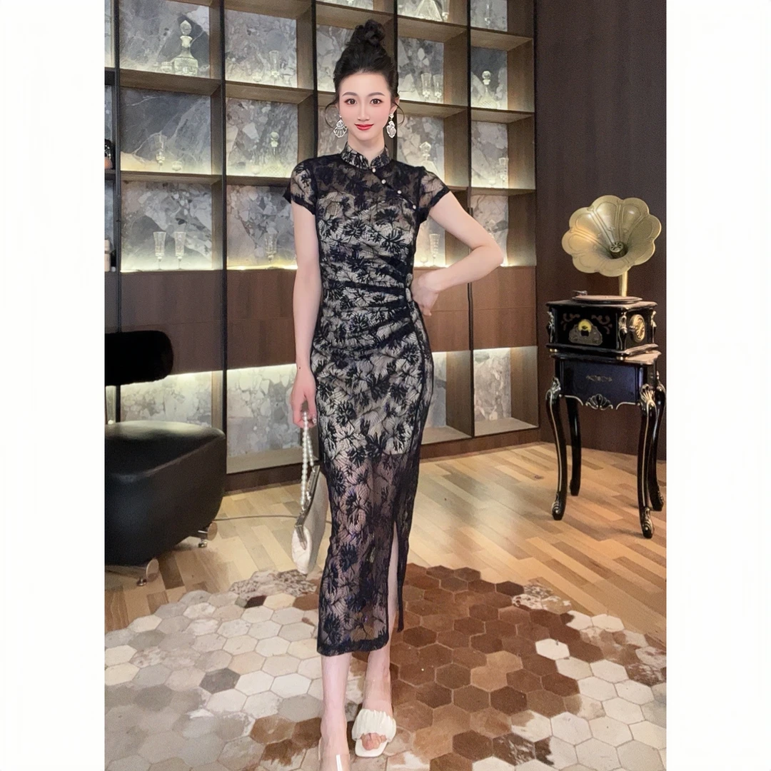 30470蕾丝显瘦气质时尚夏季复古修身性感黑色法式名媛连衣裙