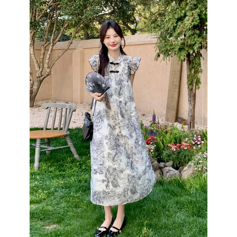 新中式国风水墨印花连衣裙夏季女新款小飞袖温柔风盘扣长款A