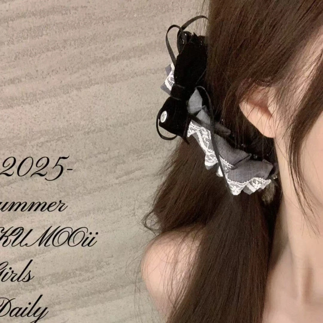 韩系甜妹白色蕾丝香蕉夹新款黑色蝴蝶结洋气百搭显发量多竖夹发饰