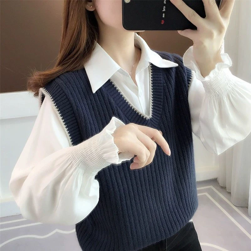 2025新款毛衣女装衬衫马甲背心两件套装针织衫早春秋宽松洋气百搭