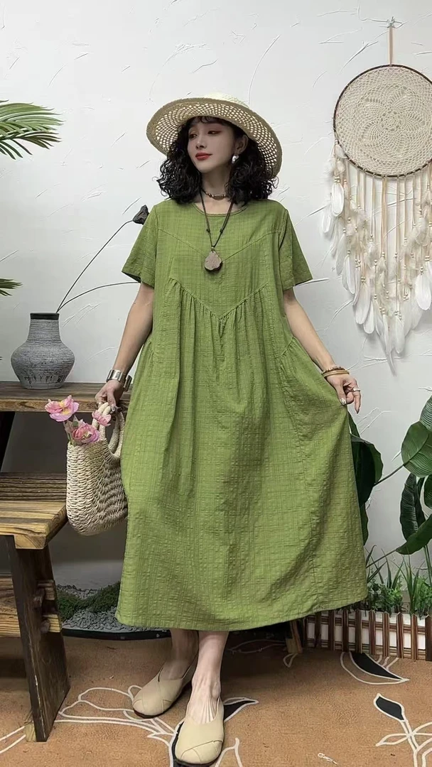 DD/夏季新款清凉复古遮肚宽松圆领显瘦百搭女士连衣裙