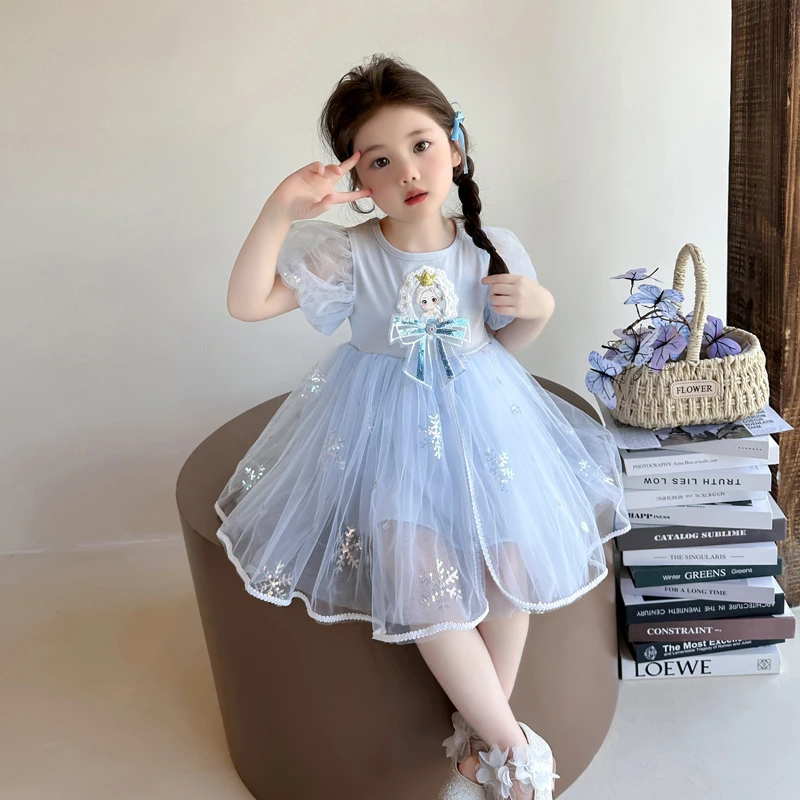 女童夏季卡通连衣裙女童超洋气爱莎公主裙子女宝宝时髦网纱连衣裙