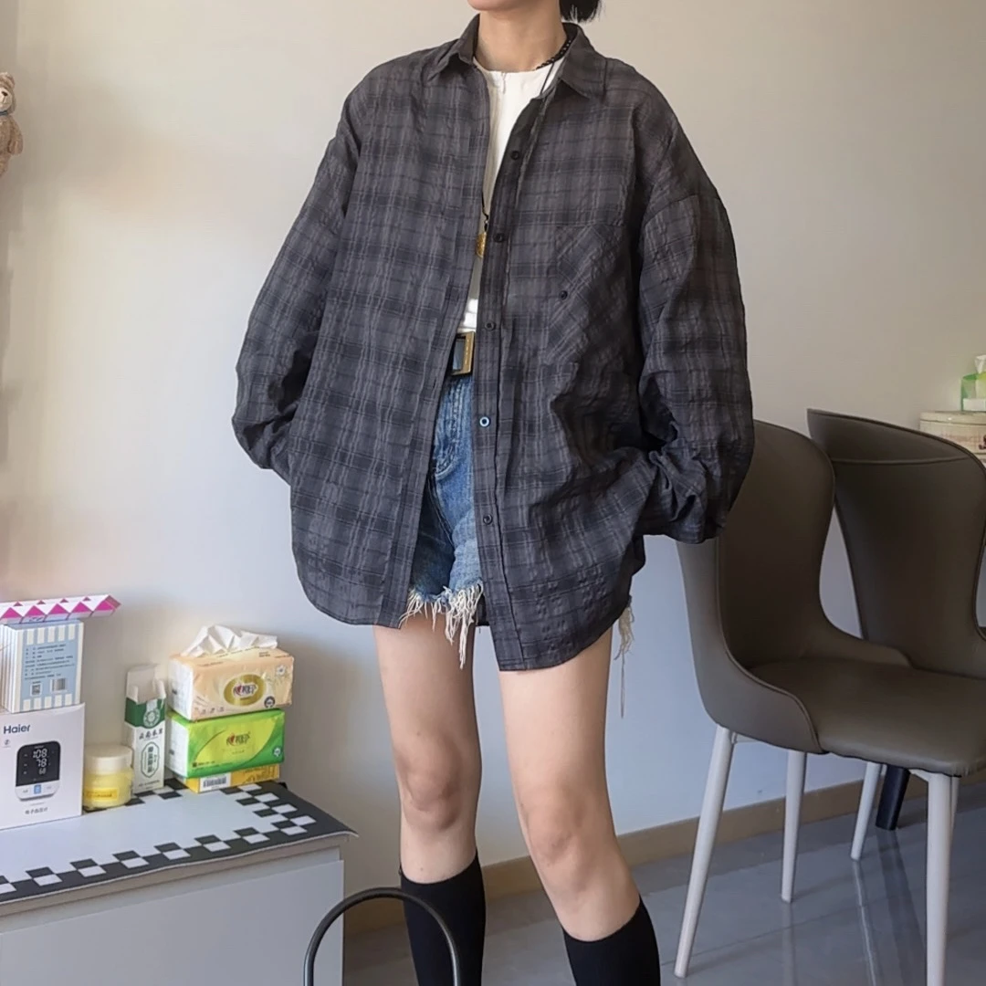 【芬姐精选】春夏防晒肌理感格子长袖翻领衬衫男女同款休闲宽松