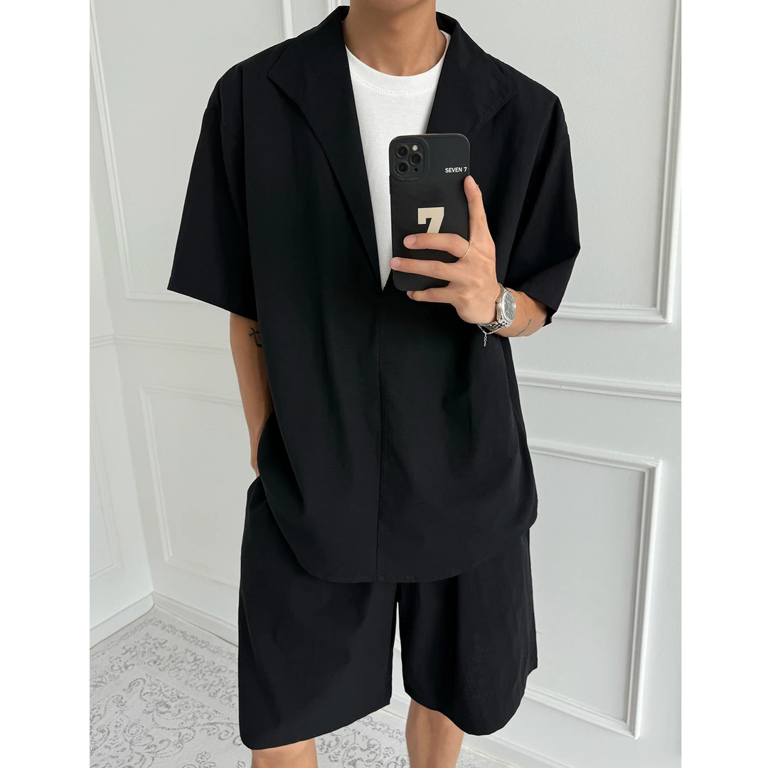 【嘉与】夏季凉感透气短袖短裤亚麻套装假两件松弛感宽松老钱风套装