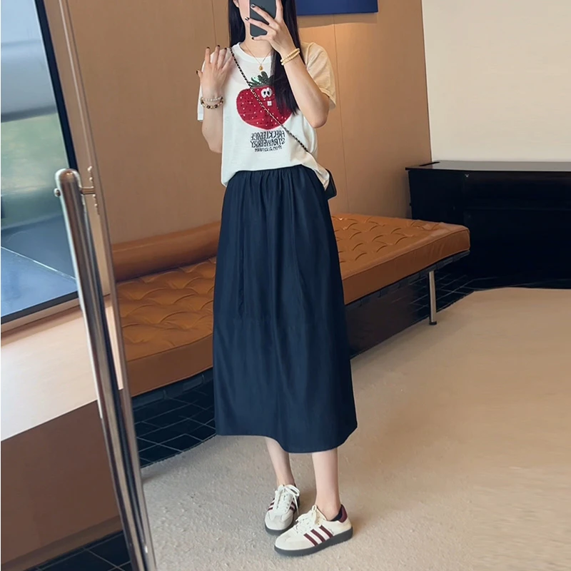天丝花苞牛仔裙高腰A字半身裙女显瘦时尚百搭2025秋季新款中长裙