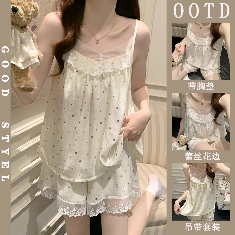 甜美印花睡衣女夏季新款蕾丝花边可外穿带胸垫韩版吊带家居服套装