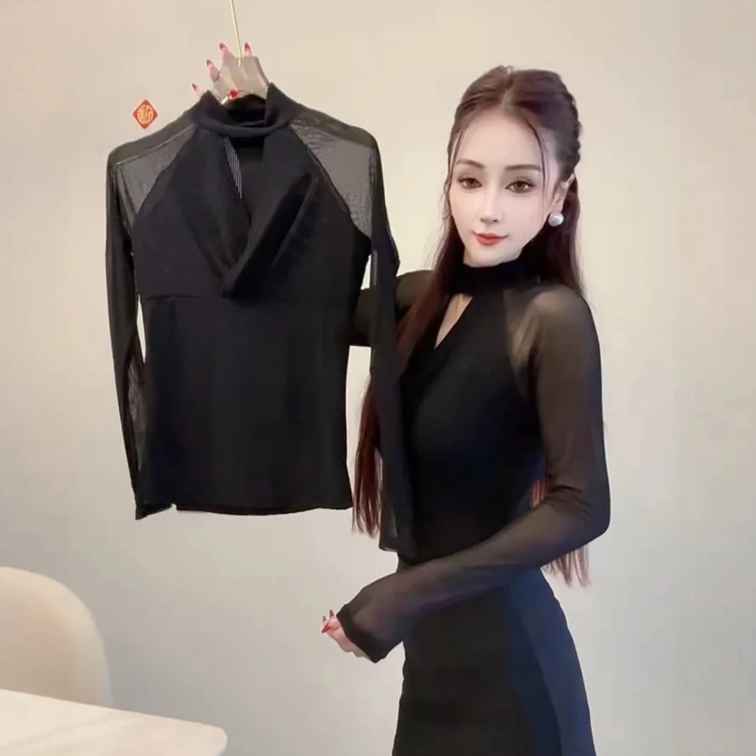 半高领t恤女长袖秋衣露肩网纱高级感2025新款打底衫秋季性感上衣