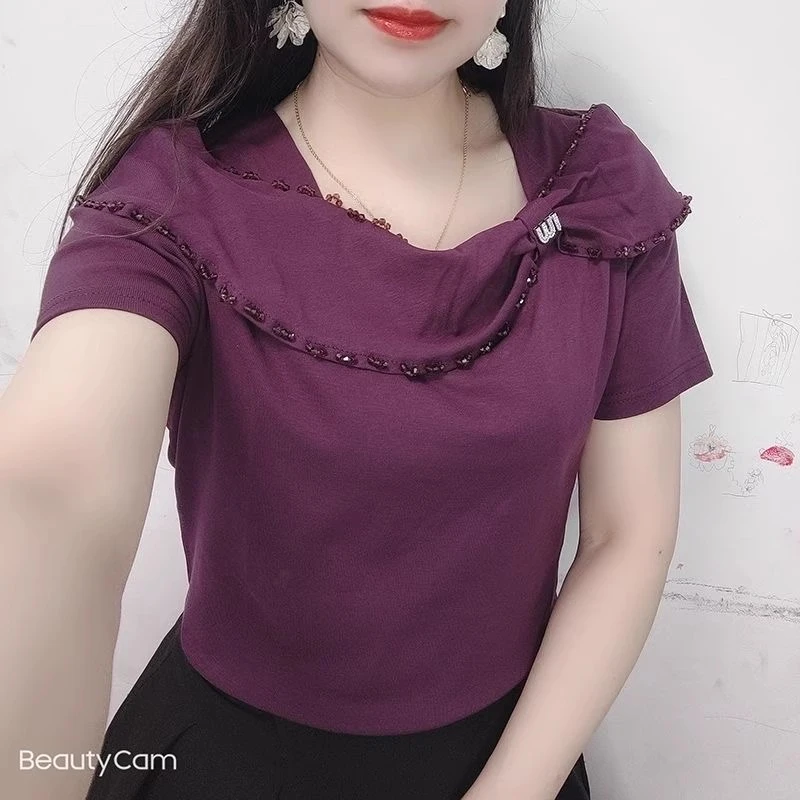 方领短袖T恤女2025夏季新款时尚爆款蝴蝶结钉珠设计洋气百搭上衣