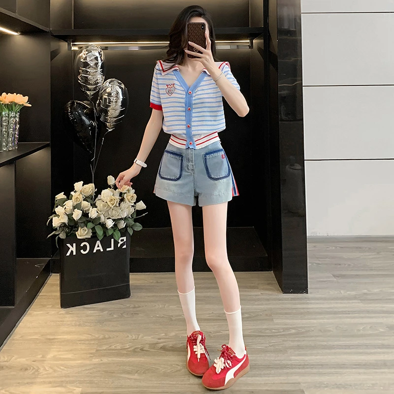 夏季学院风条纹海军领针织衫洋气上衣a字牛仔短裤小个子辣妹热裤