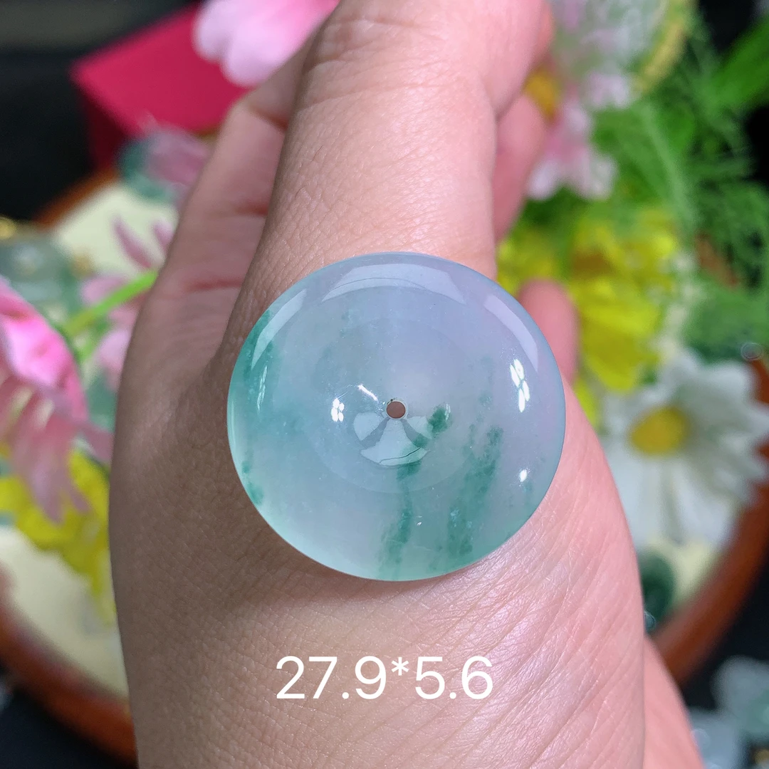 缅甸翡翠A货冰种飘花平安扣银吊坠挂件水润百搭精致玉冰精美精美