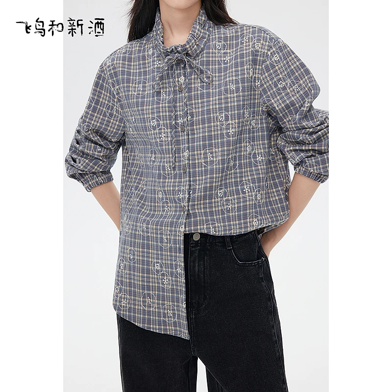 【大瑶】飞鸟和新酒刺绣长袖立领格纹衬衫秋季休闲上衣FD55082033