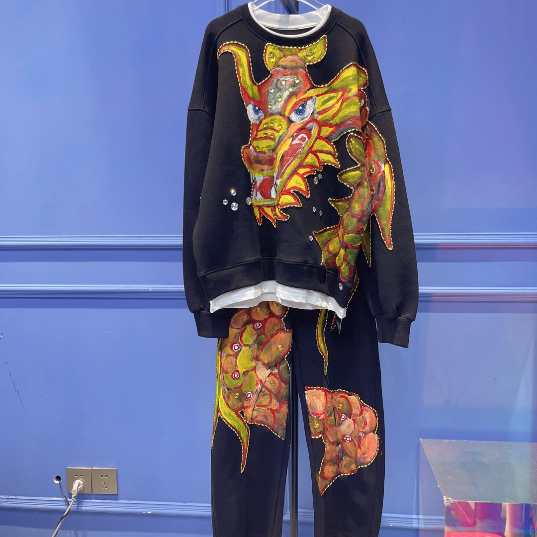 RR1640锐宝潮牌手工手绘龙头百搭个性假两件卫衣套装