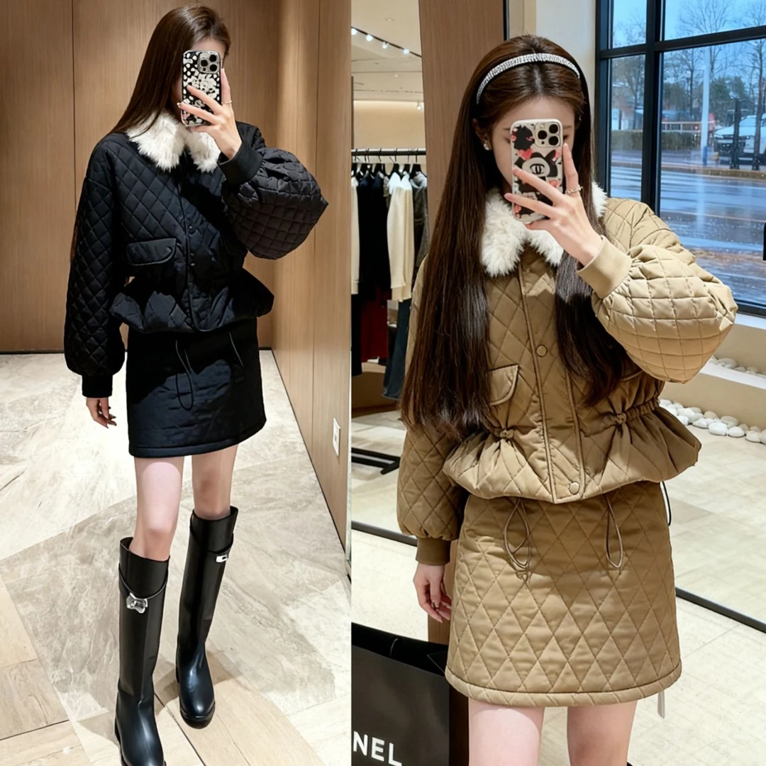 菱格毛领短款时尚韩版小香风棉服收腰外套+半身裙两件套装A1591