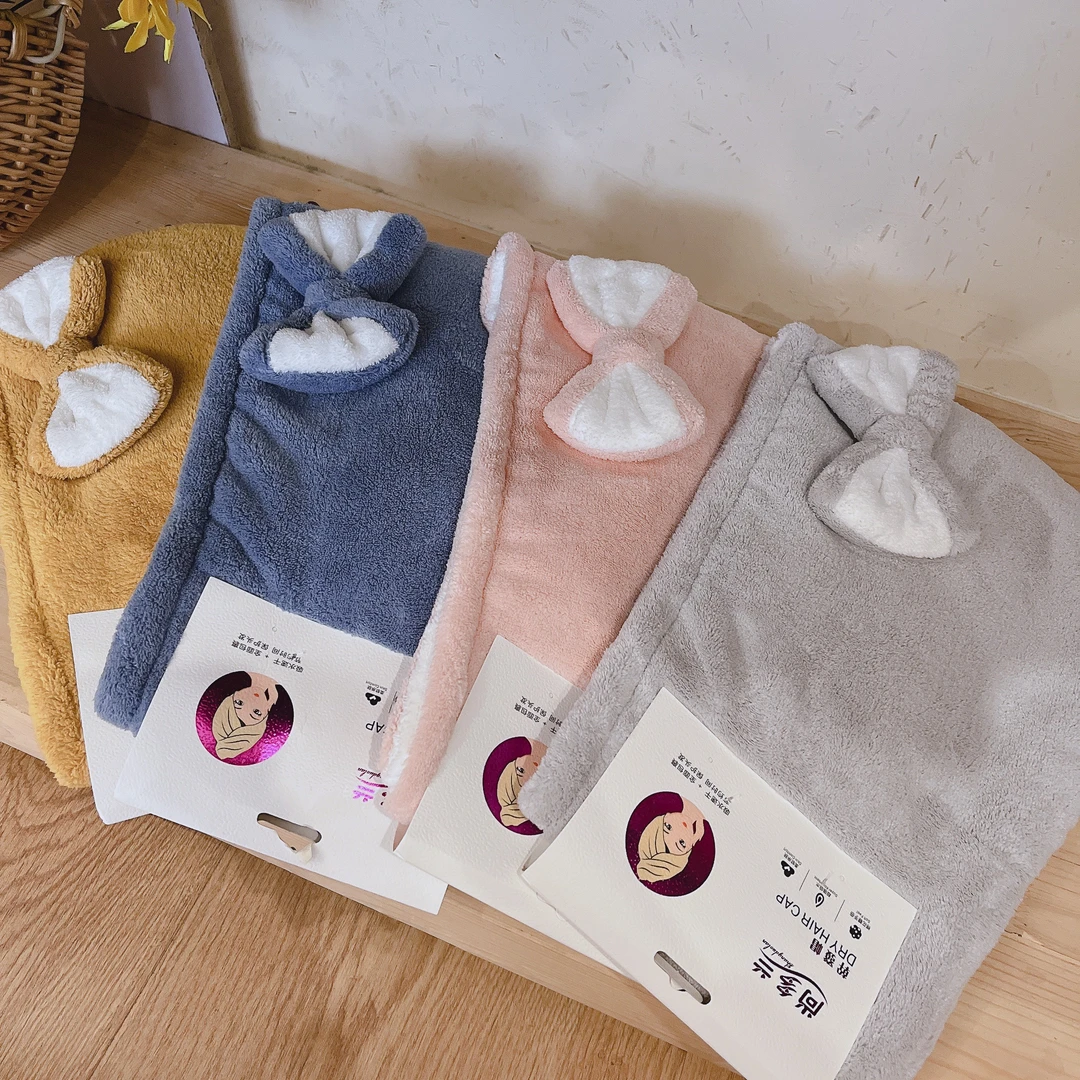 【妆台小物】双层吸水可爱蝴蝶结干发帽一个装图案颜色随随发