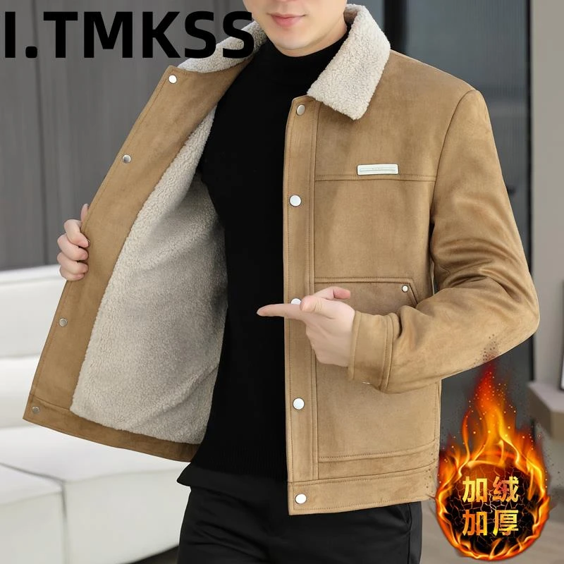 2026冬季新款翻领毛领短款加绒加厚麂皮绒夹克外套男中年修身保暖