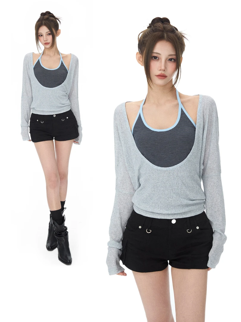 iamannieww秋季新款女装撞色条纹U型领挂脖吊带潮上衣宽松长袖T恤