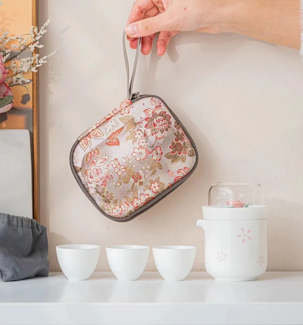 玲珑瓷粉花一壶三杯户外便携式家用旅行茶具