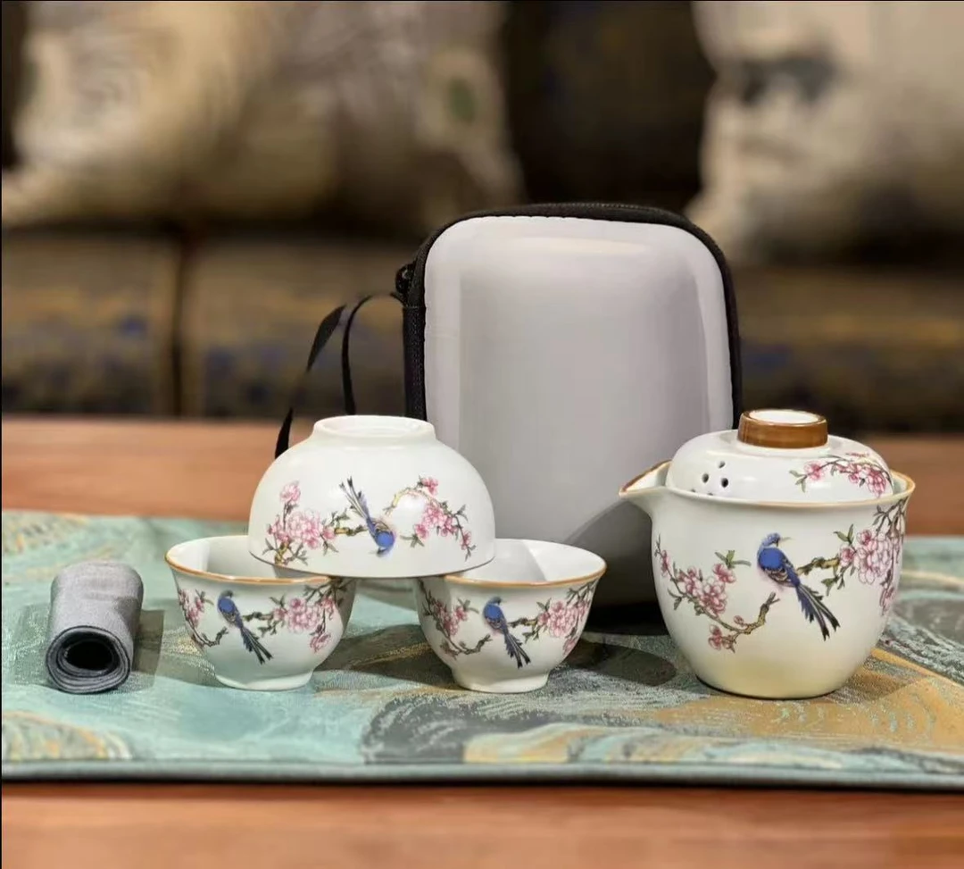 KK0097-汝窑喜上眉梢旅行茶具车载户外旅游陶瓷手绘便携式防烫