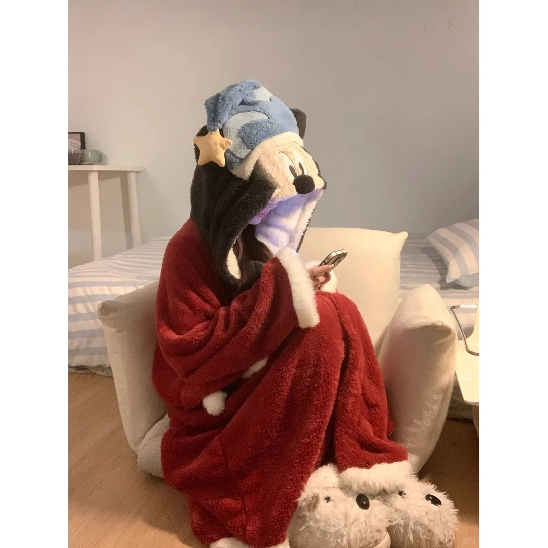 米奇睡袍女可爱少女冬季保暖珊瑚绒款卡通睡衣舒适外穿长款家居服