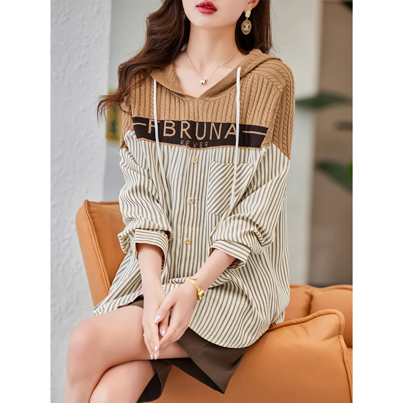 休闲连帽条纹衬衫女春秋新款宽松时尚洋气长袖假两件上衣B3799