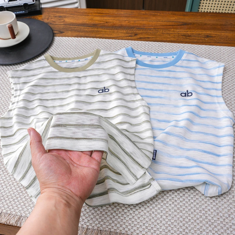 儿童夏新款撞色条纹无袖圆领衫中大童软糯透气背心男童打底衫潮