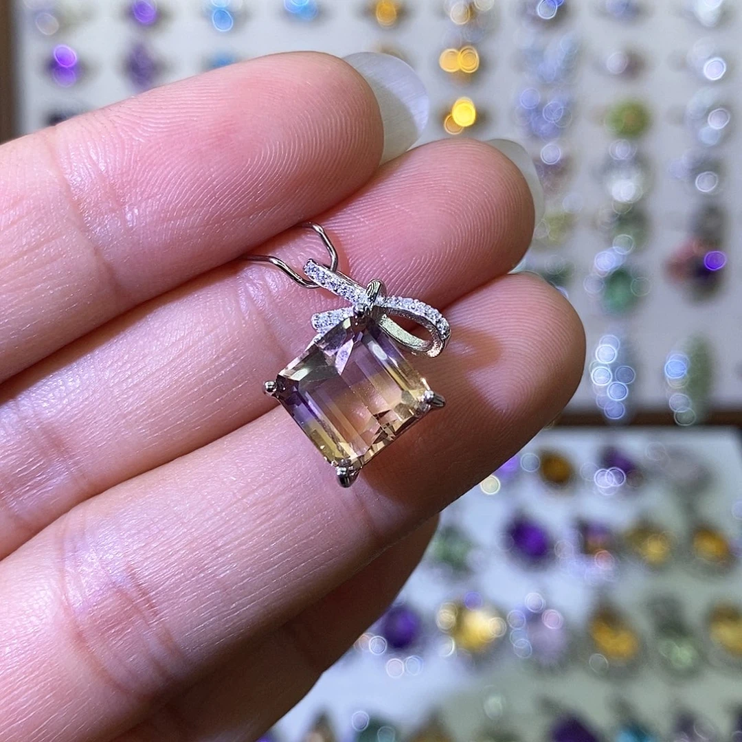 银S925镶嵌吊坠(不含链)水晶紫黄晶一物一证