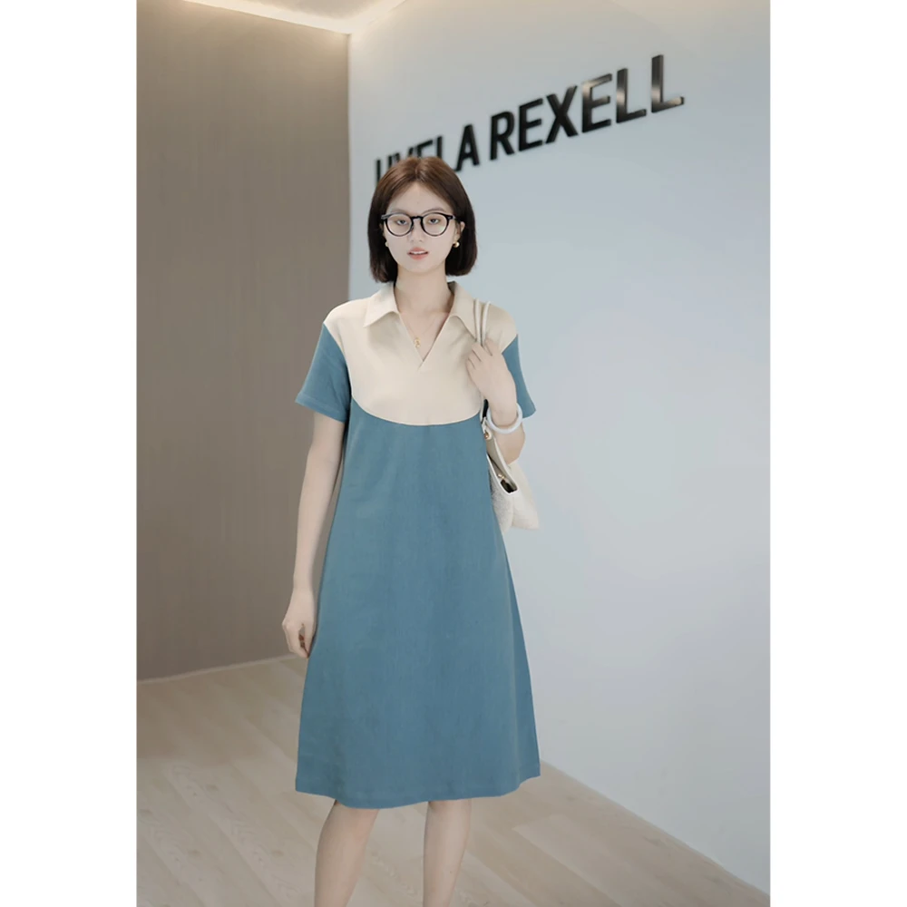 休闲减龄拼接复古连衣裙显瘦时尚气质裙子夏季宽松翻领撞色设计感