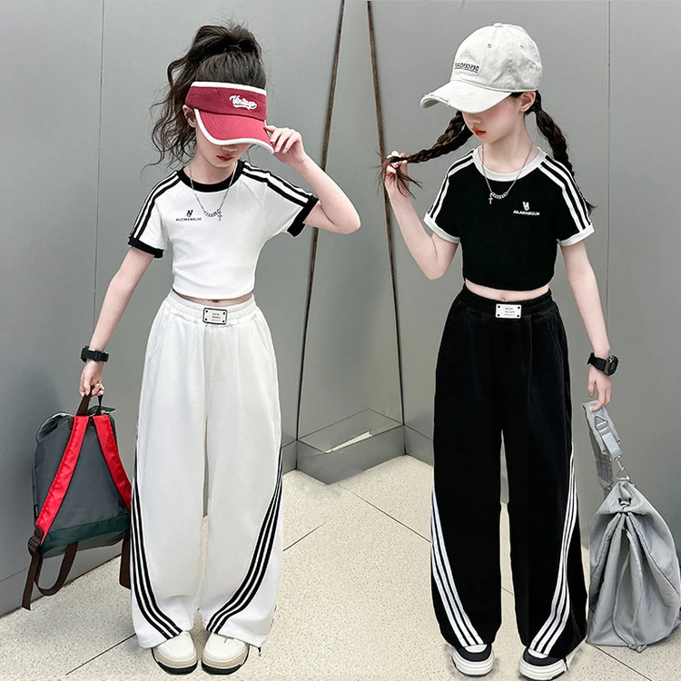 女童夏季休闲运动套装2025新款中大童夏装短袖T束脚直筒阔腿裤子