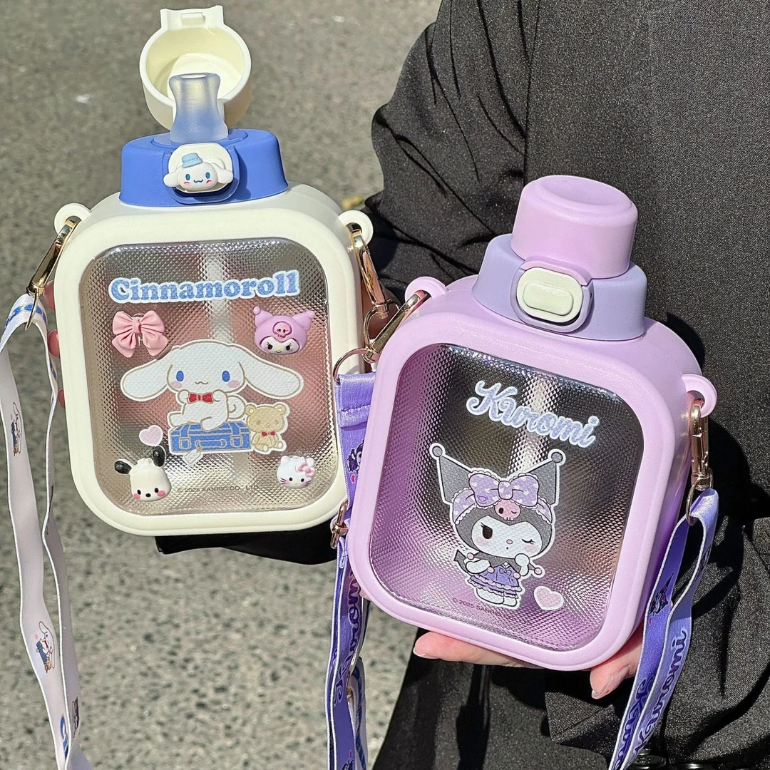 库洛米儿童水杯夏天防摔塑料方形杯创意幼儿园宝宝吸管水壶可斜挎