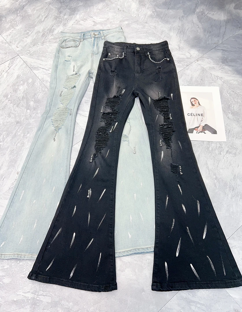 夏季新款重工钉珠扎染工艺设计修身显瘦高腰破洞微喇牛仔裤 #5612