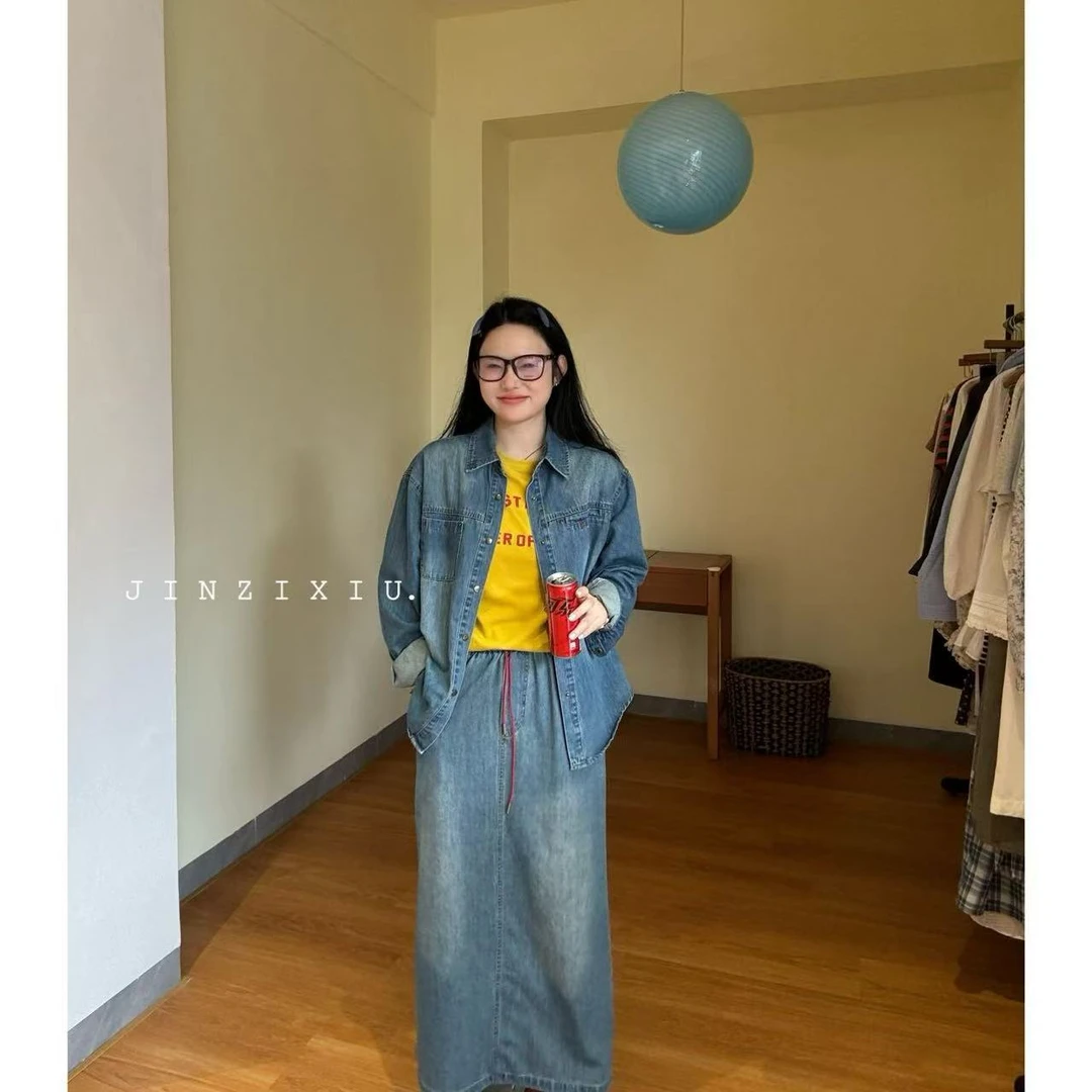 【JINZIXIU】 • 韩女街拍 • 新款3件套牛仔衬衣+牛仔半裙+牛仔小包