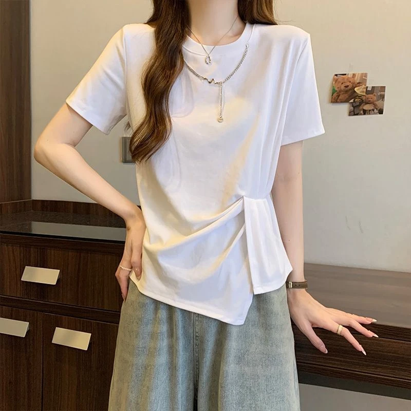 棉大码2025夏季新款不对称显瘦短袖T恤女装设计感时尚开叉上衣ins