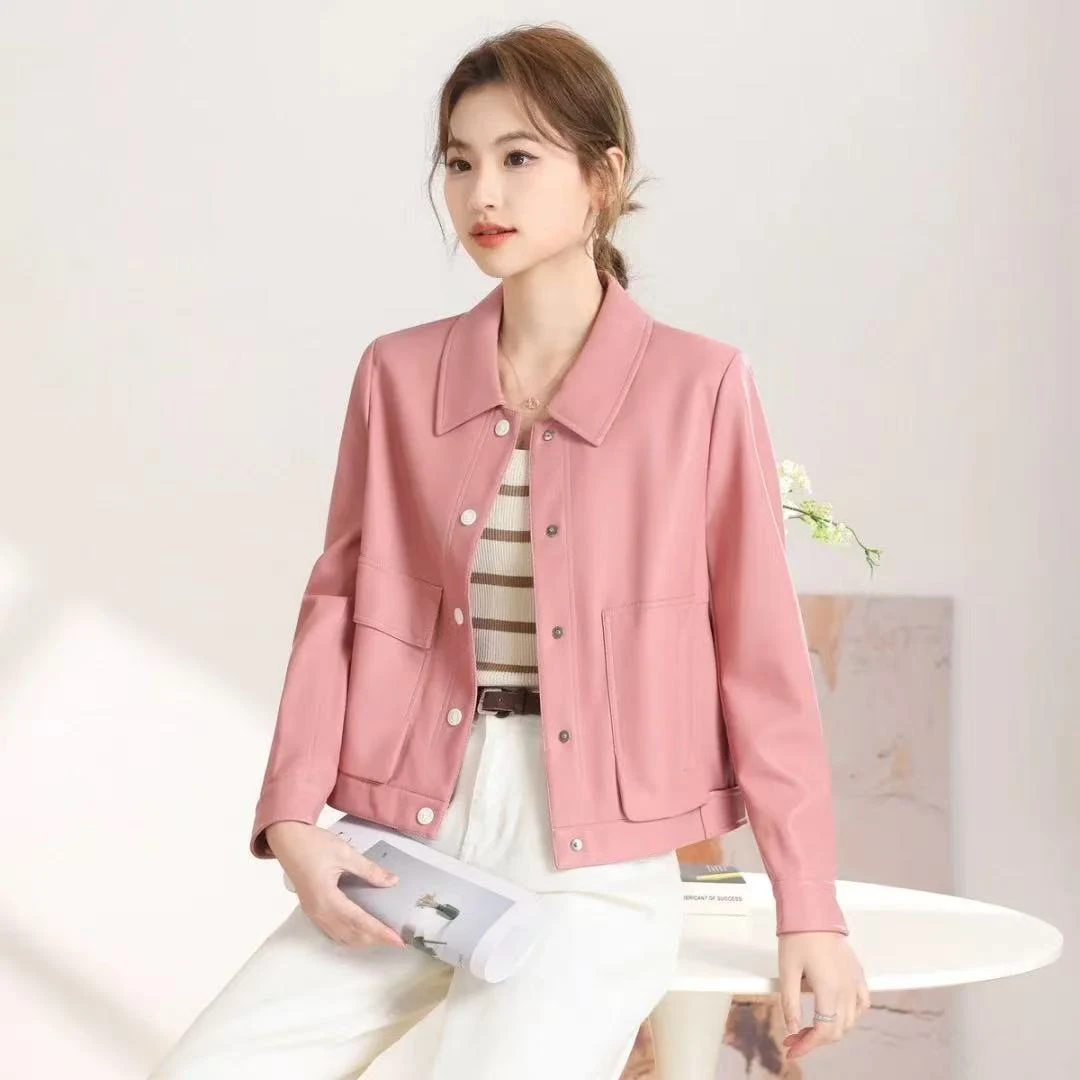 【时尚简约】F082秋季款翻领单排扣纯色PU皮夹克外套女上衣