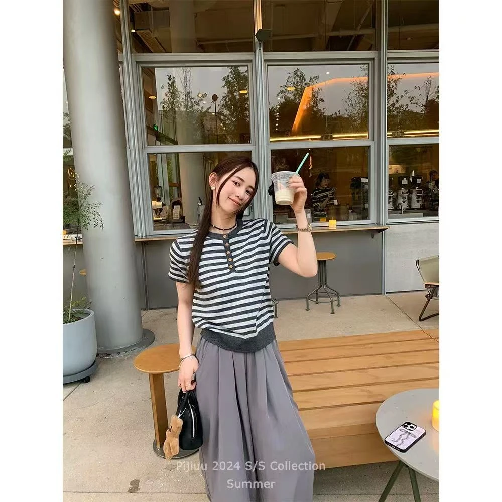 3309女士条纹针织短袖上衣