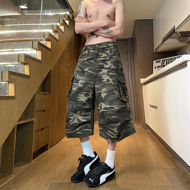 美式复古迷彩七分裤男款夏季潮牌痞帅工装短裤高街vibe过膝半