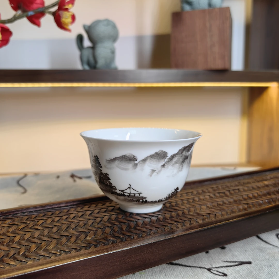 潮州高骨骨瓷薄胎手绘墨彩山水陶瓷茶具主人杯