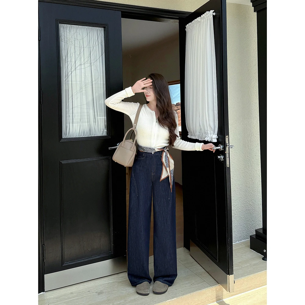 missrococo/洛可可小姐2025冬季新款窄版阔腿牛仔裤女老钱风穿搭