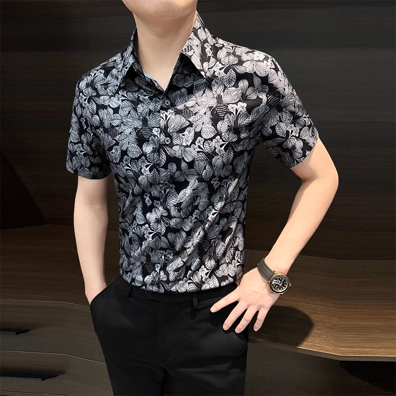 男士短袖花衬衫夏季冰丝2025新款夏装上衣高级感痞帅修身碎花衬衣