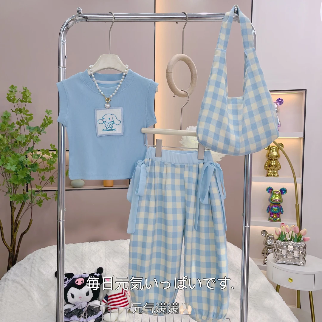 【DM】新款女童休闲夏季无袖韩版卡通洋气格子裤套装m3019