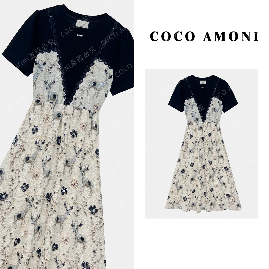 夏季新款高级亮钻女装拼接假两件收腰显瘦气质高端连衣裙ZC690