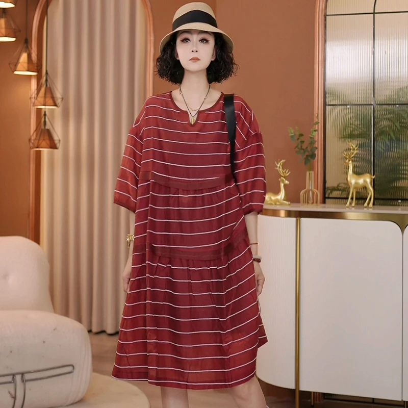 8661-857夏季连衣裙女2025宽松休闲大码中袖长款圆领条纹裙子女