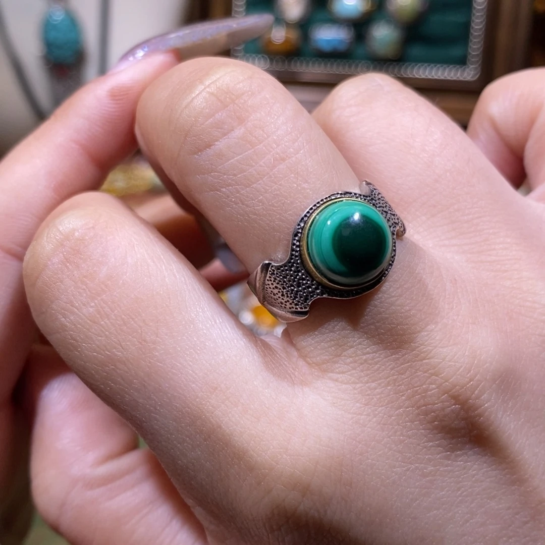 可***子孔雀石银S925镶嵌戒指戒指