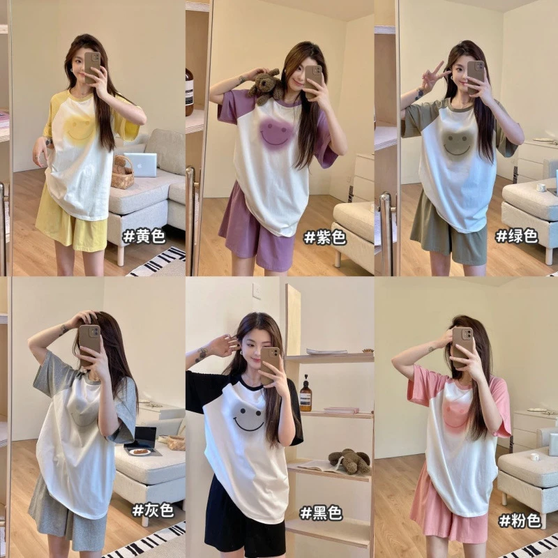 韩社冰感纯棉撞色笑脸套装女可爱舒适透气短袖慵懒家居服睡衣外穿