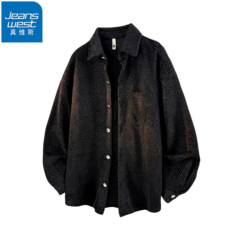 Jeanswest/真维斯翻领长袖衬衫男春秋款格子宽松百搭休闲情侣衬衣