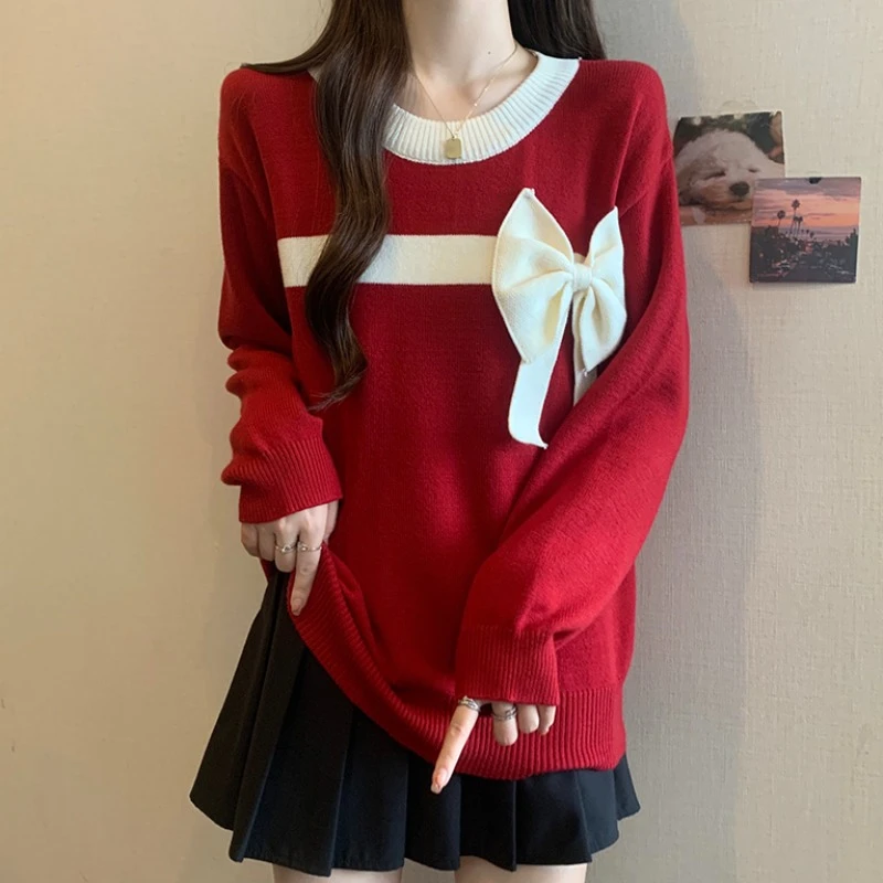 大码蝴蝶结红色长袖针织衫女秋冬微胖MM宽松显瘦百搭洋气打底毛衣