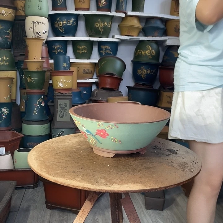 宜兴紫砂绿斗盒点彩大号花盆