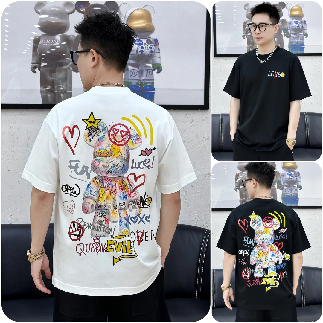 夏季短袖男t恤3D直喷小熊T恤卡通情侣款针织短袖宽松潮流半袖8870