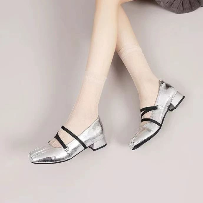 C4531 银色  时尚百搭舒适低跟方头浅口女单鞋