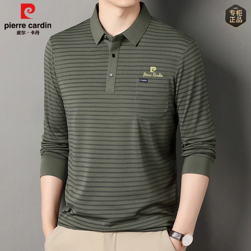 皮尔卡丹男士条纹真口袋长袖Polo衫春季薄款商务休闲中年T恤上衣