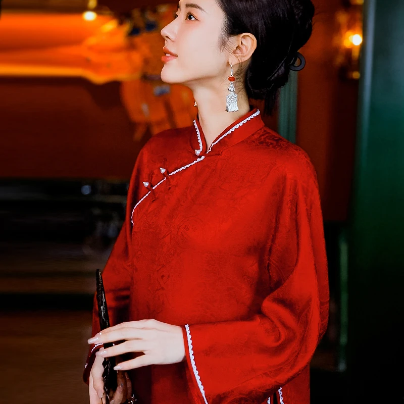 复古日记“多喜乐”100桑蚕丝提花全开襟旗袍领姐姐服小衫251C5531